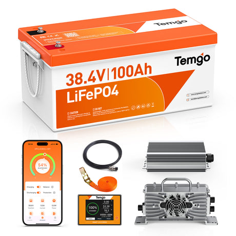 【Pre-Order】Temgo 36V 100Ah 3.84kWh Lithium Golf Cart Battery with LCD Screen Display, Built-in 200A BMS & Bluetooth, 5000+ Cycles, 12S1P