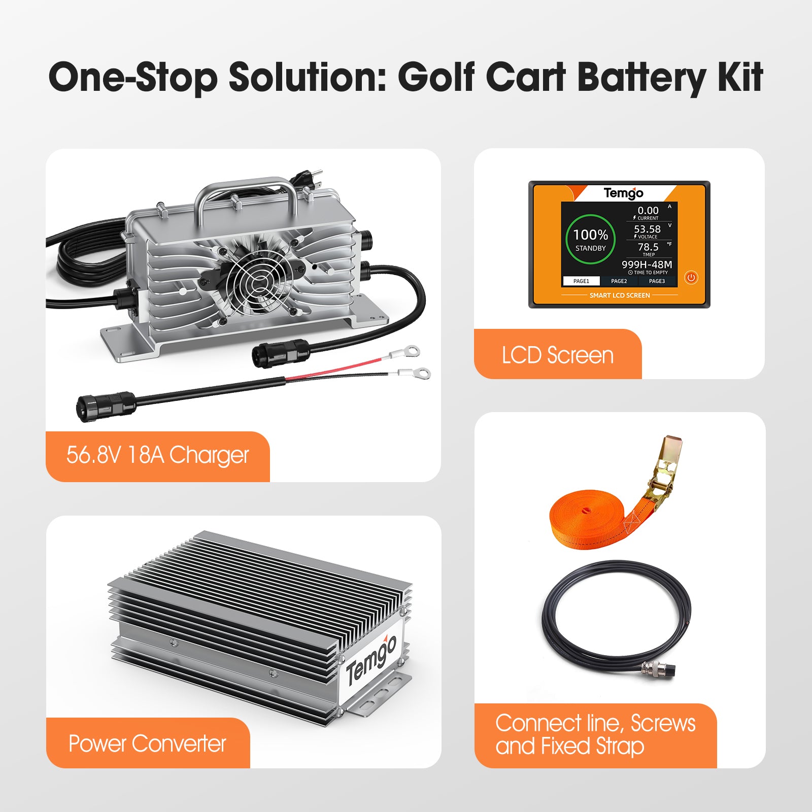 Temgo 48V 100Ah 5.12kWh Lithium Golf Cart Battery with LCD Screen Display, Built-in 200A BMS & Bluetooth, 5000+ Cycles, 16S1P