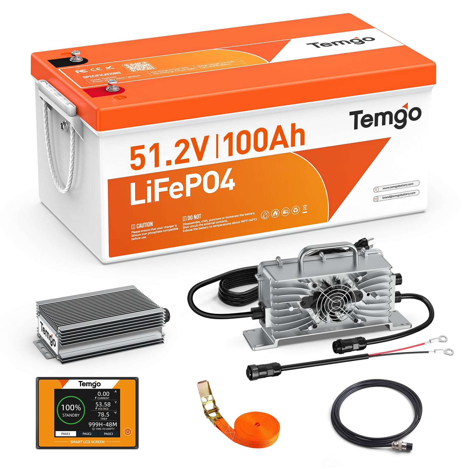 Temgo 48V 100Ah 5.12kWh Lithium Golf Cart Battery with LCD Screen Display, Built-in 200A BMS & Bluetooth, 5000+ Cycles, 16S1P