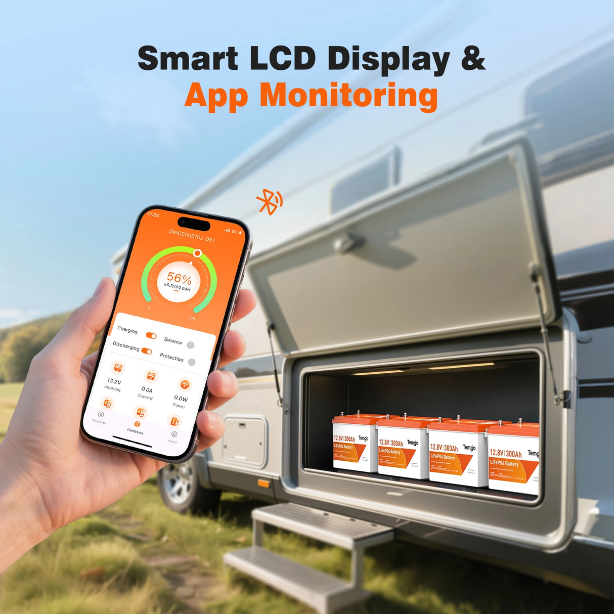 Temgo 12V 300Ah battery with built-in LCD display & app monitoring