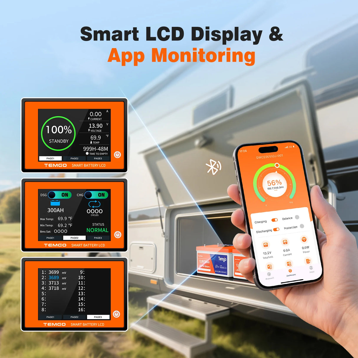 Temgo LiFePO4 12V 300Ah 3840Wh Self-Heating Battery with Touchable LCD Screen, Built-in 200A BMS & Bluetooth, 5000+ Cycles, Perfect for RVs, Motorhomes, Off Grid, Trailer & Camper