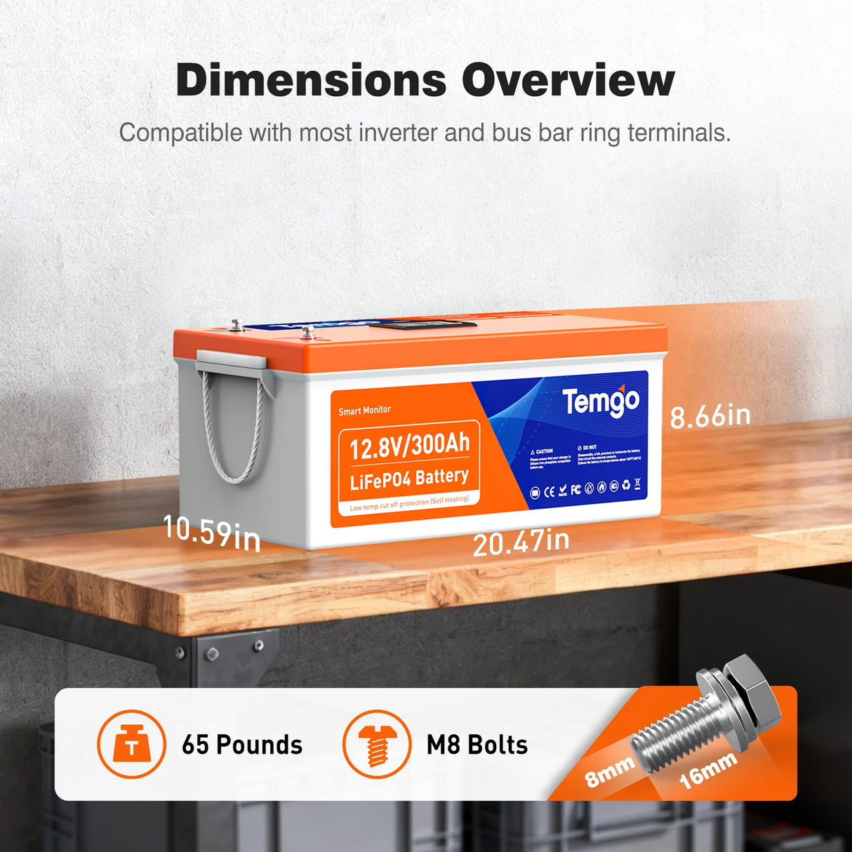 Temgo LiFePO4 12V 300Ah 3840Wh Self-Heating Battery with Touchable LCD Screen, Built-in 200A BMS & Bluetooth, 5000+ Cycles, Perfect for RVs, Motorhomes, Off Grid, Trailer & Camper