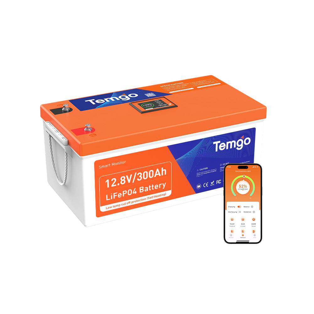 Temgo LiFePO4 12V 300Ah 3840Wh Self-Heating Battery with Touchable LCD Screen, Built-in 200A BMS & Bluetooth, 5000+ Cycles, Perfect for RVs, Motorhomes, Off Grid, Trailer & Camper