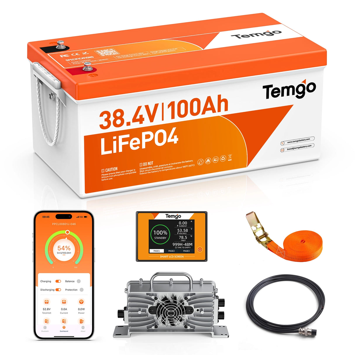 Temgo 36V 100Ah 3.84kWh Lithium Golf Cart Battery with LCD Screen Display, Built-in 200A BMS & Bluetooth, 5000+ Cycles, 12S1P