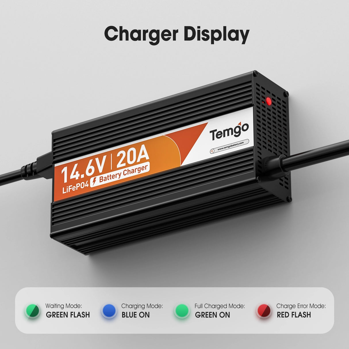14.6V 20A Smart Battery Charger, LiFePO4 Battery Charger for 12V Lithium Battery, Perfect for LiFePO4 Battery Recharging, Support Fast Charging