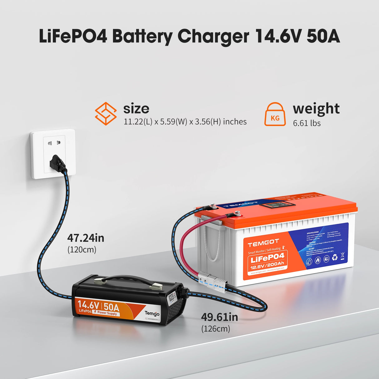 Temgo 14.6V 50A LiFePO4 Battery Charger, Fast Charging Lithium Battery Charger with Smart Activation, LED Indicator, Wire Lugs & Full Protection