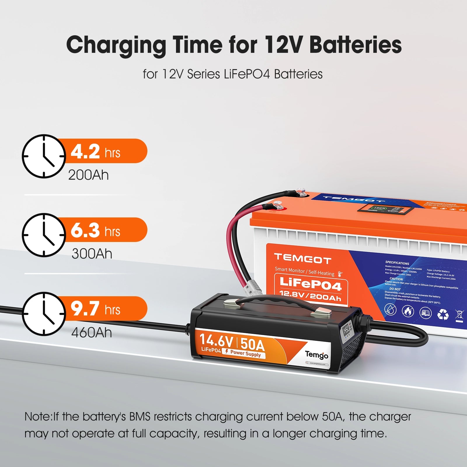 Temgot 14.6V 50A LiFePO4 Battery Charger, Fast Charging Lithium Battery Charger with Smart Activation, LED Indicator, Wire Lugs & Full Protection