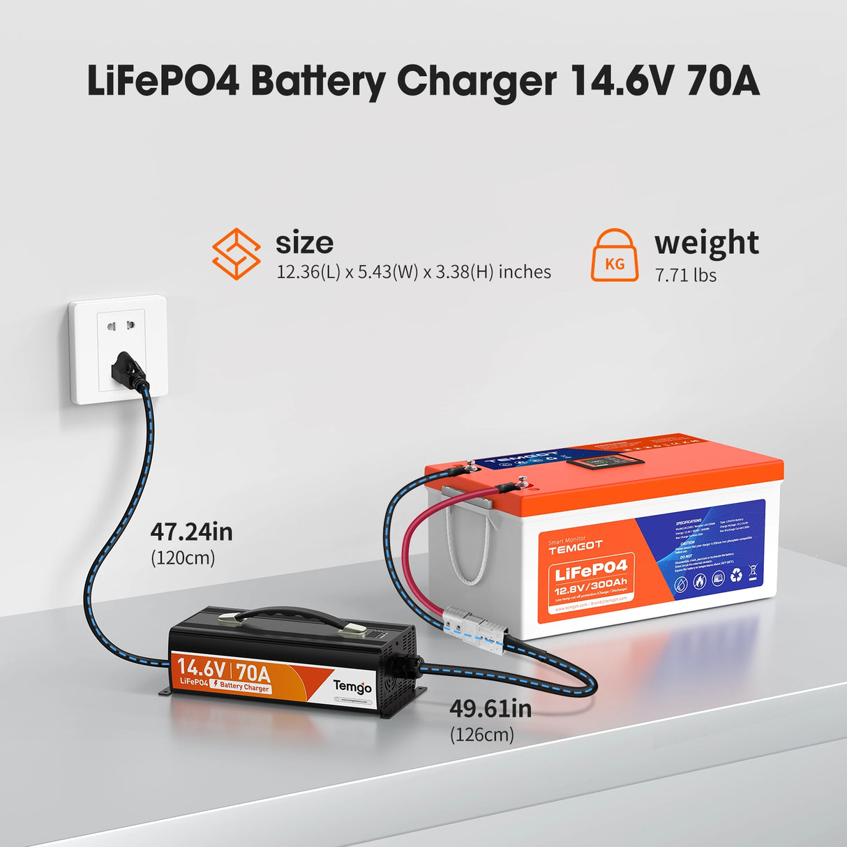 Temgo 14.6V 70A LiFePO4 Battery Charger, Fast Charging Lithium Battery Charger with Smart Activation, LED Indicator, Wire Lugs & Full Protection