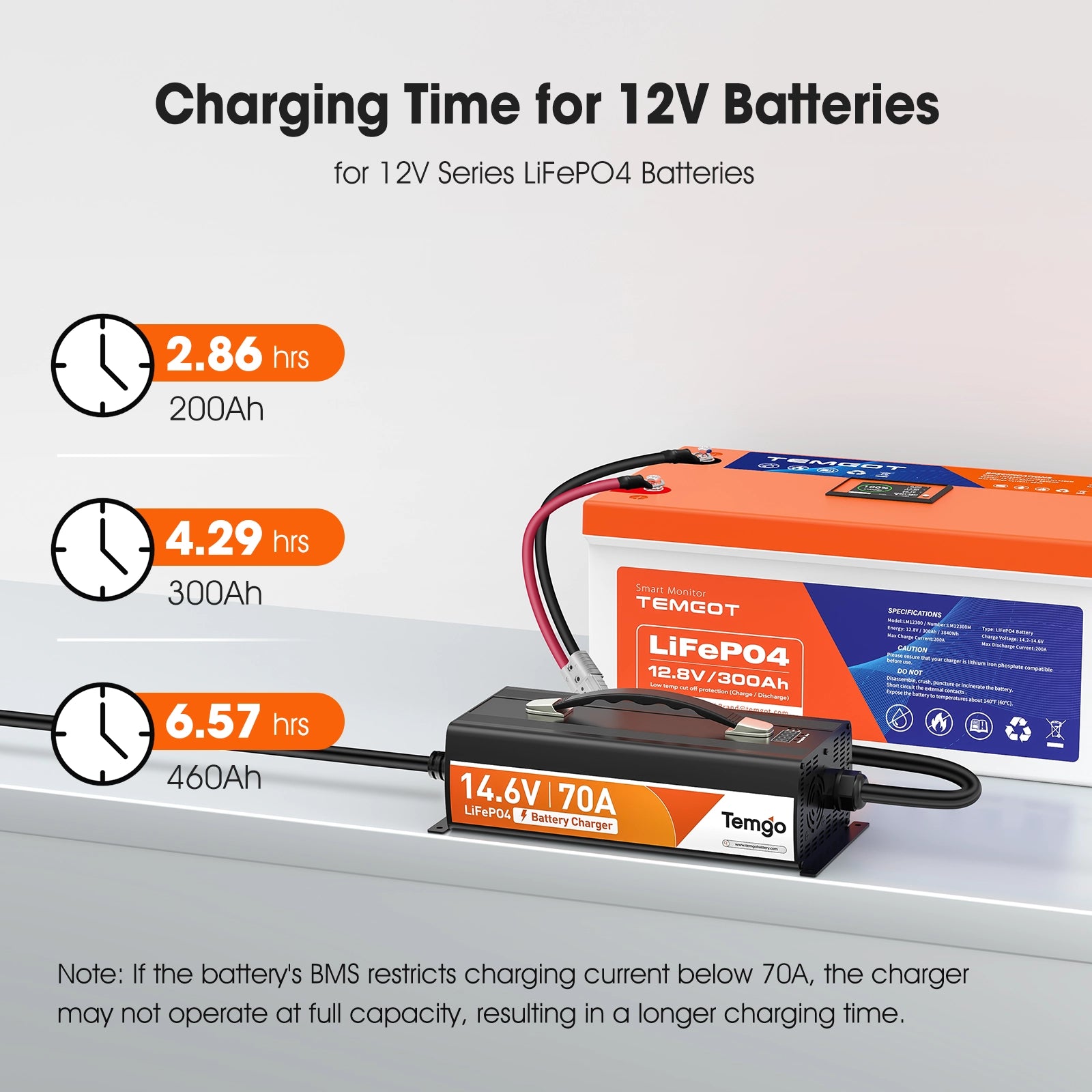 Temgot 14.6V 70A LiFePO4 Battery Charger, Fast Charging Lithium Battery Charger with Smart Activation, LED Indicator, Wire Lugs & Full Protection