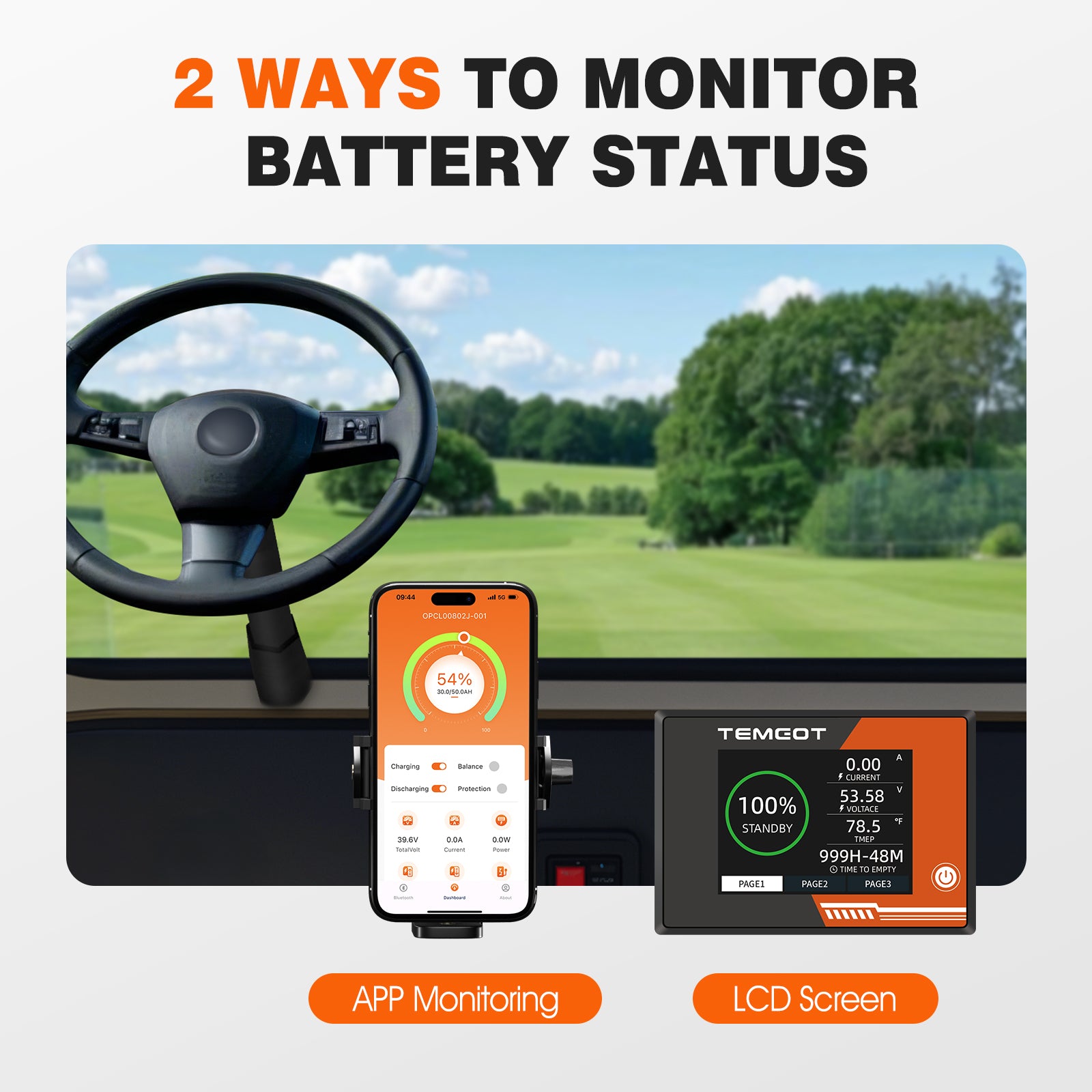 Temgot 48V 50Ah 2.56kWh Lithium Golf Cart Battery with LCD Screen Display, Built-in 100A BMS & Bluetooth, 5000+ Cycles & IP67, 16S1P
