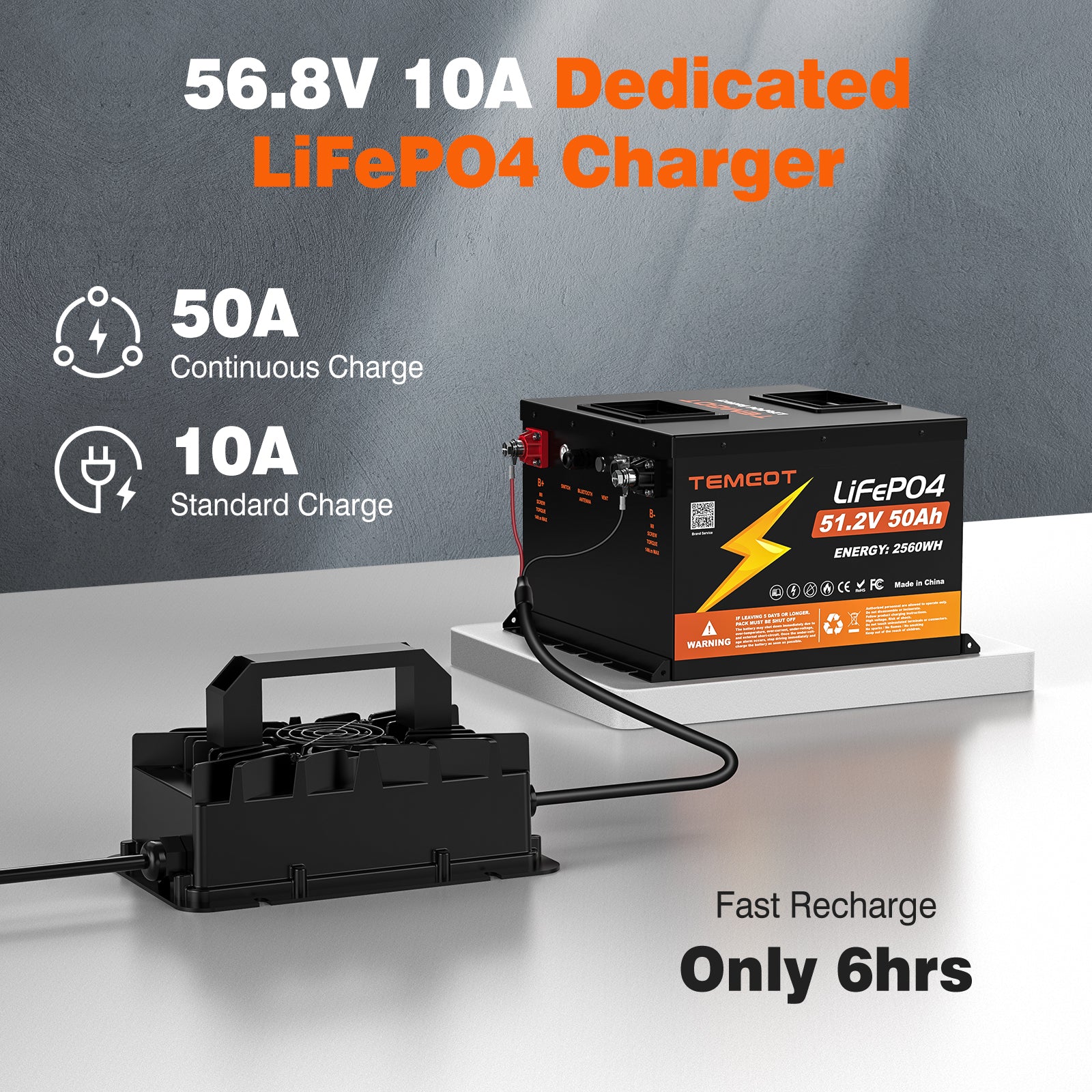 Temgot 48V 50Ah 2.56kWh Lithium Golf Cart Battery with LCD Screen Display, Built-in 100A BMS & Bluetooth, 5000+ Cycles & IP67, 16S1P