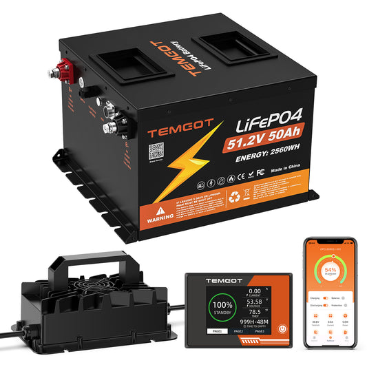 Temgot 48V 50Ah 2.56kWh Lithium Golf Cart Battery with LCD Screen Display, Built-in 100A BMS & Bluetooth, 5000+ Cycles & IP67, 16S1P