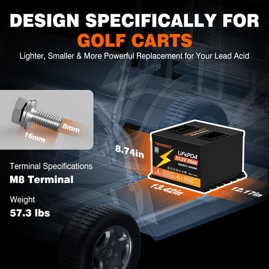 Temgot 48V 50Ah 2.56kWh Lithium Golf Cart Battery with LCD Screen Display, Built-in 100A BMS & Bluetooth, 5000+ Cycles & IP67, 16S1P