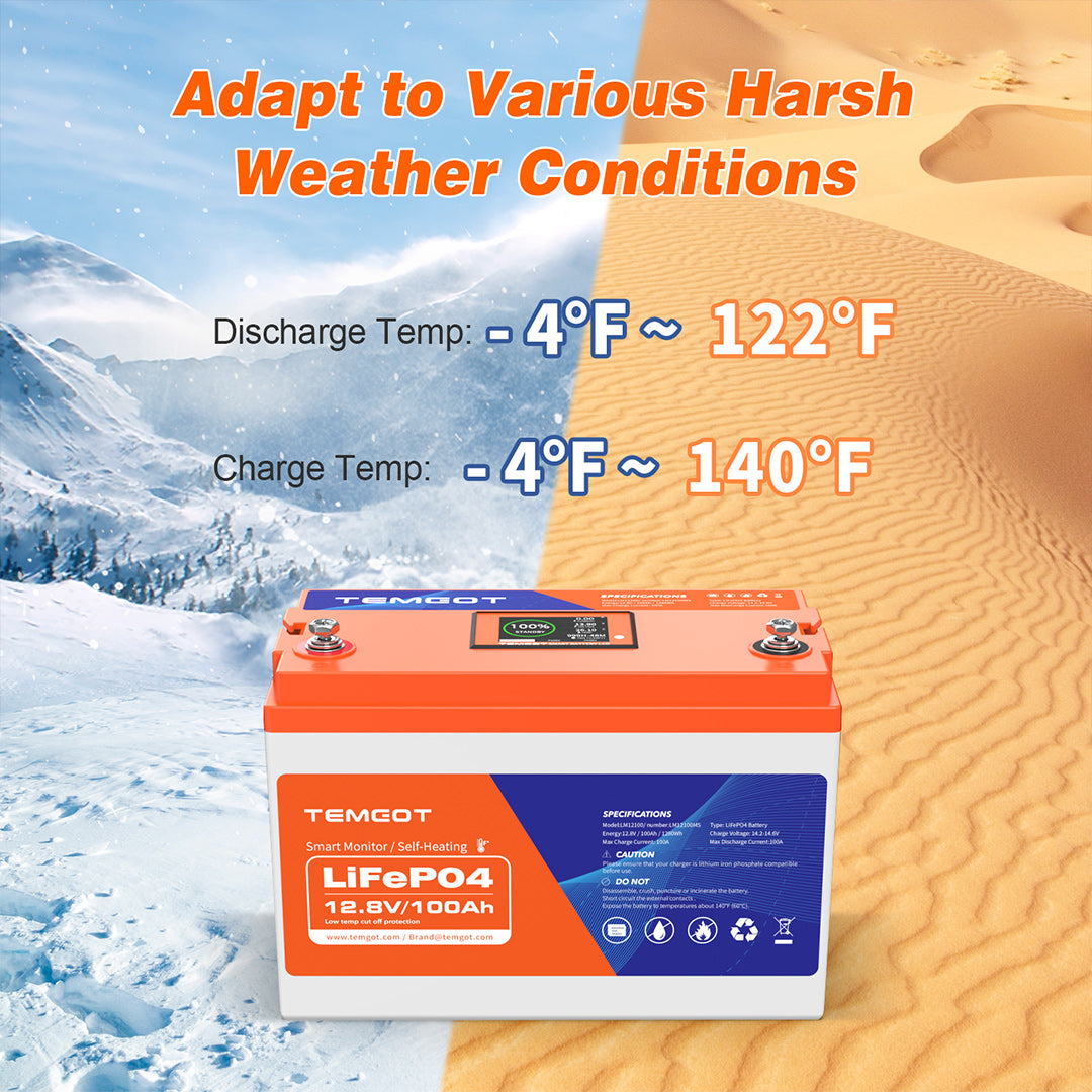 Temgot 12V 100Ah LiFePO4 Battery with Bluetooth, Deep Cycle Lithium Battery With 100A Low-Temp Self Heating BMS