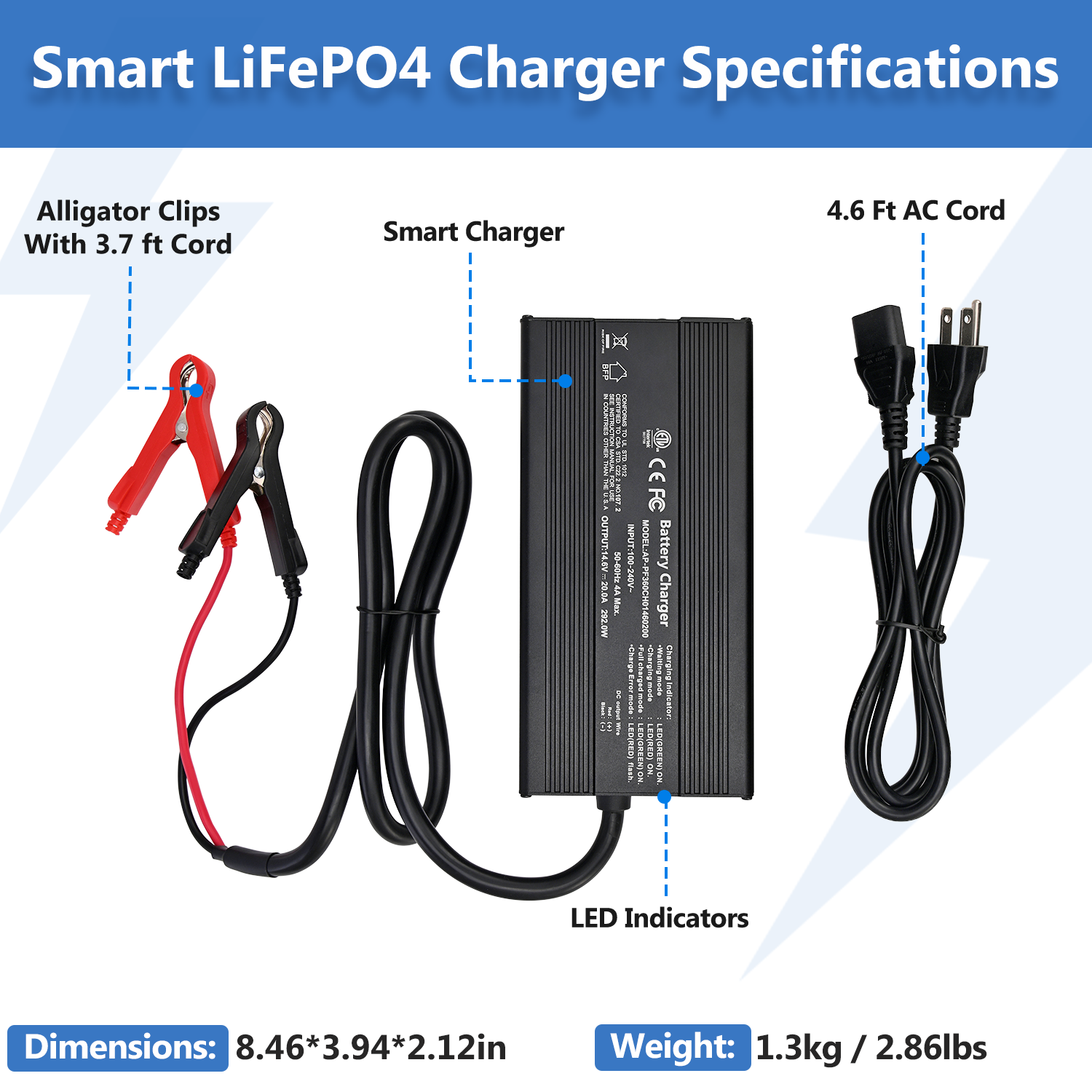 14.6V 20A Smart Battery Charger, LiFePO4 Battery Charger for 12V Lithium Battery, Perfect for LiFePO4 Battery Recharging, Support Fast Charging