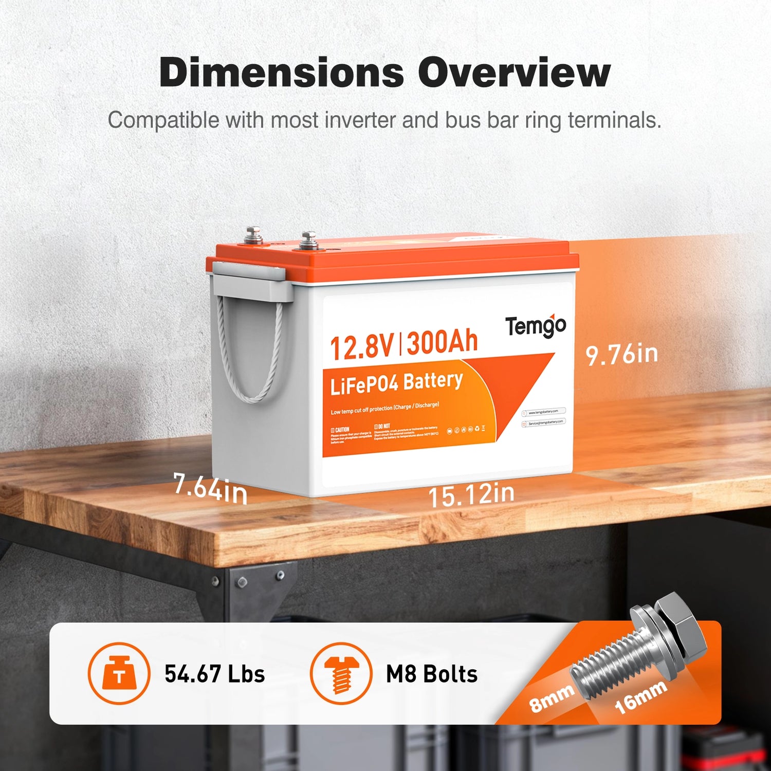 dimensions, weight and appearance of Temgo 12V 300Ah lithium battery