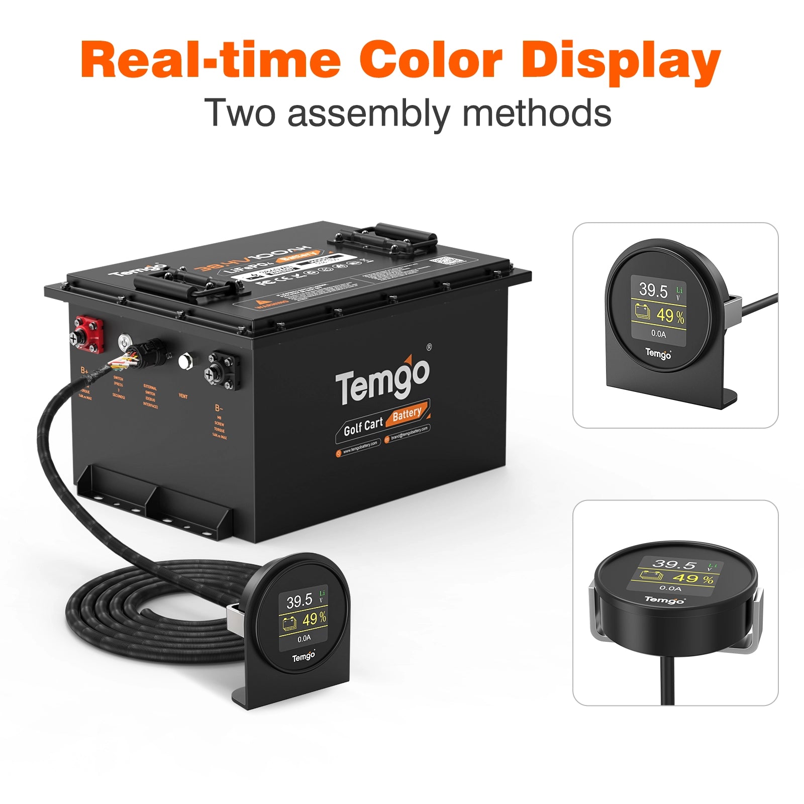 Temgo 36V 100Ah 3.84kWh Lithium Golf Cart Battery with SOC Indicator Display, Built-in 200A BMS & Bluetooth, 4000+ Cycles & IP67, 12S1P