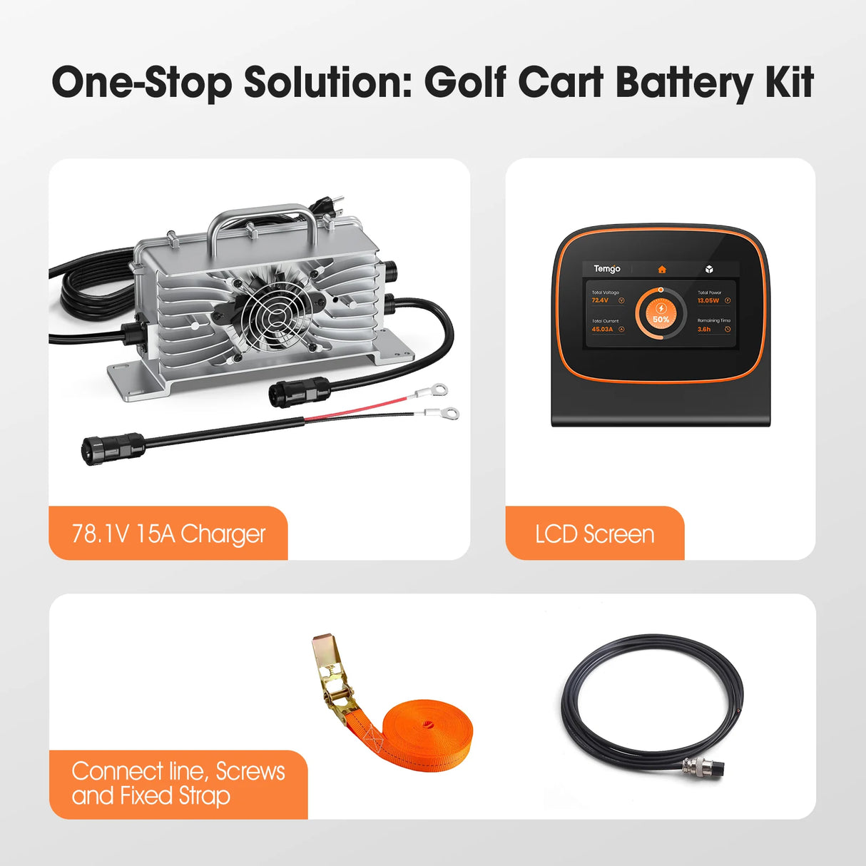 Temgo 72V 105Ah Lithium Golf Cart Battery, Complete Upgrade Kit with 78.1V 15A Charger, LCD Display & Bluetooth App, Built-in 200A Smart BMS, Max 14.08kW Output
