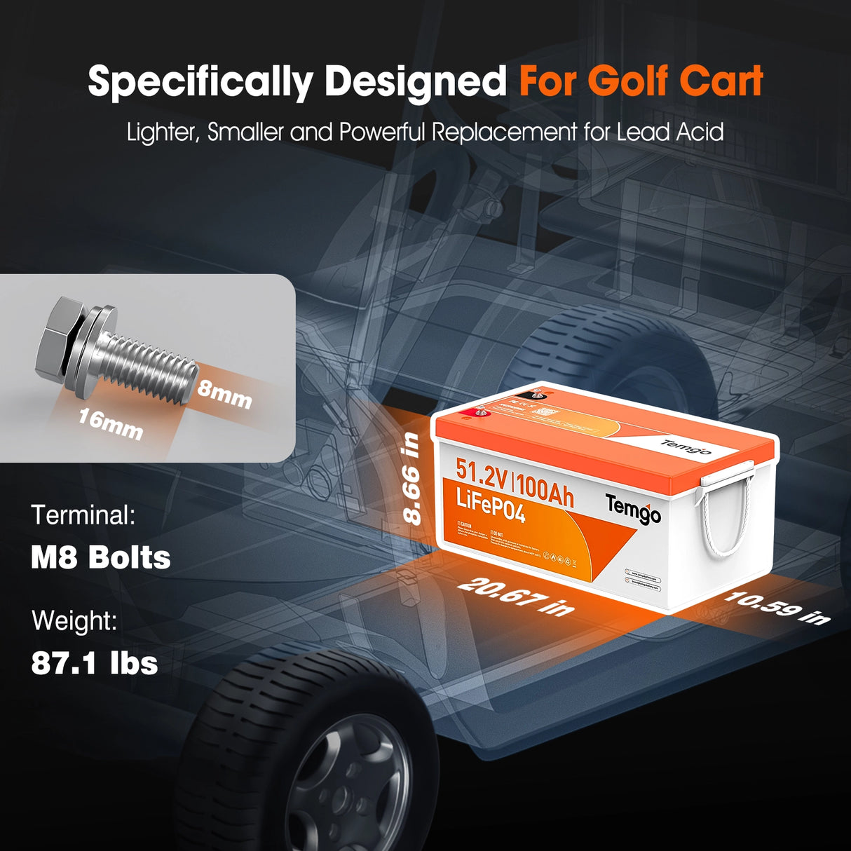 Temgo 48V 100Ah 5.12kWh Lithium Golf Cart Battery with LCD Screen Display, Built-in 200A BMS & Bluetooth, 5000+ Cycles, 16S1P