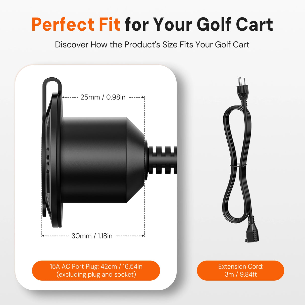 【Pre-order】125V 15A AC Power Inlet Port Plug with 16.5in Cord & 9.84ft Extension Cable, Waterproof Cap, 14AWG, Golf Cart & Outdoor Charging Socket Kit