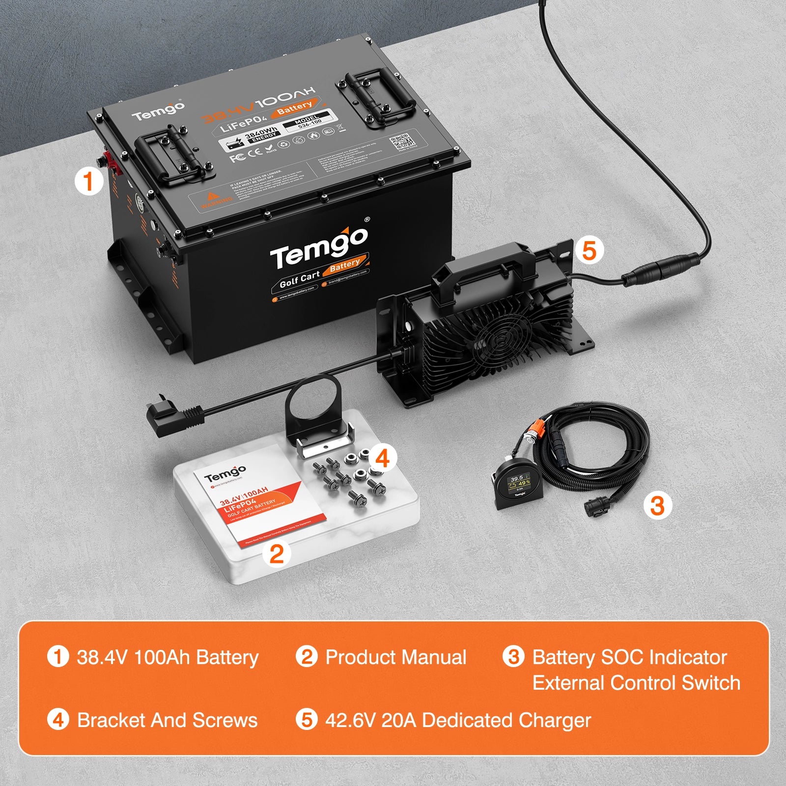 Temgo 36V 100Ah 3.84kWh Lithium Golf Cart Battery with SOC Indicator Display, Built-in 200A BMS & Bluetooth, 4000+ Cycles & IP67, 12S1P