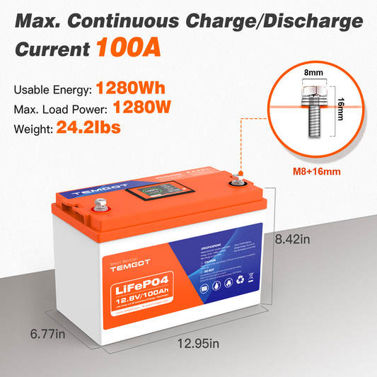 Temgot LiFePO4 12V 100Ah 1280Wh Battery with Touchable LCD Screen, Built-in 100A BMS & Bluetooth, 5000+ Cycles, Ideal for RVs & Trailers, Trolling Motors, Home Energy, UPS Backup