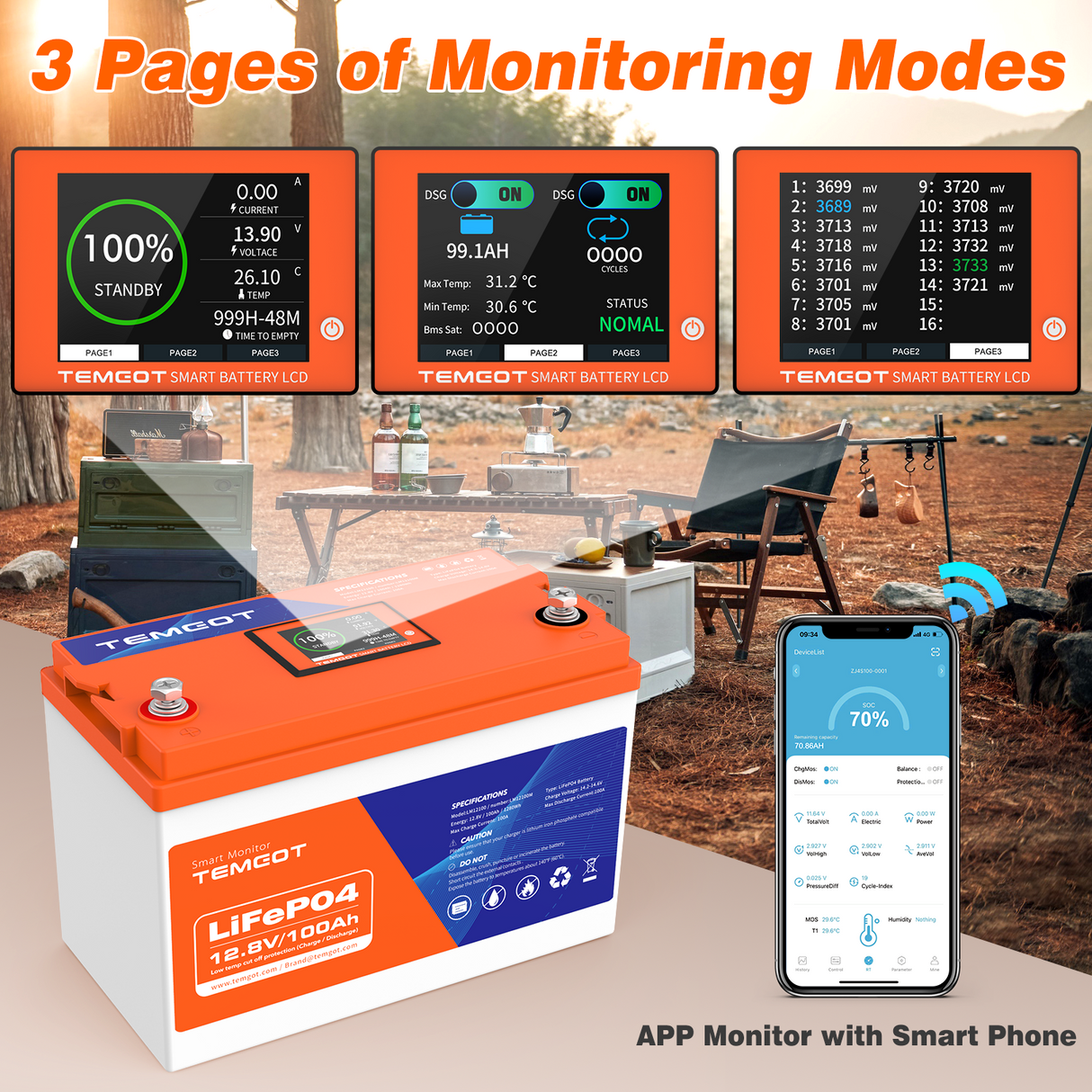 Temgo LiFePO4 12V 100Ah 1280Wh Battery with Touchable LCD Screen, Built-in 100A BMS & Bluetooth, 5000+ Cycles, Ideal for RVs & Trailers, Trolling Motors, Home Energy, UPS Backup