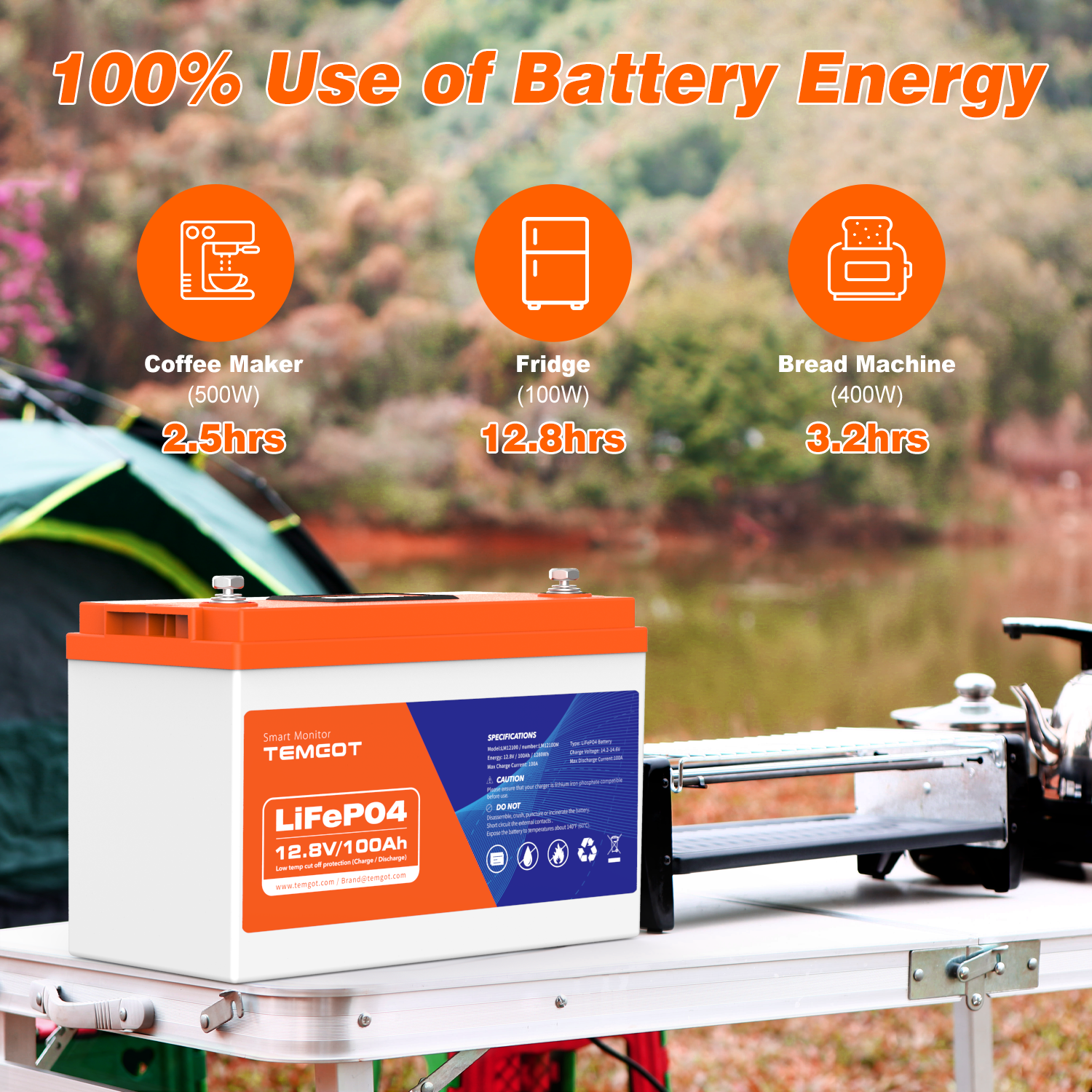 Temgot LiFePO4 12V 100Ah 1280Wh Battery with Touchable LCD Screen, Built-in 100A BMS & Bluetooth, 5000+ Cycles, Ideal for RVs & Trailers, Trolling Motors, Home Energy, UPS Backup