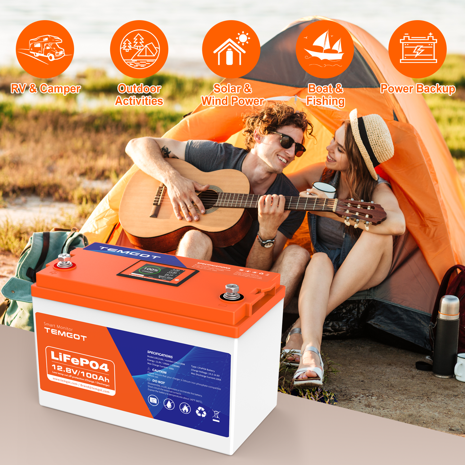 Temgot LiFePO4 12V 100Ah 1280Wh Battery with Touchable LCD Screen, Built-in 100A BMS & Bluetooth, 5000+ Cycles, Ideal for RVs & Trailers, Trolling Motors, Home Energy, UPS Backup
